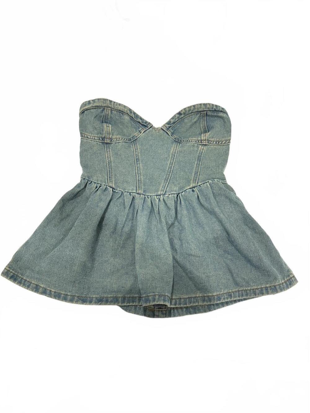 Y2K Denim Peplum Corset Top Strapless Bustier Medium Wash Small